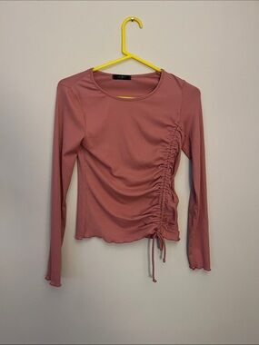 Ruched Side Ribbed Long-Sleeve Top - Pink